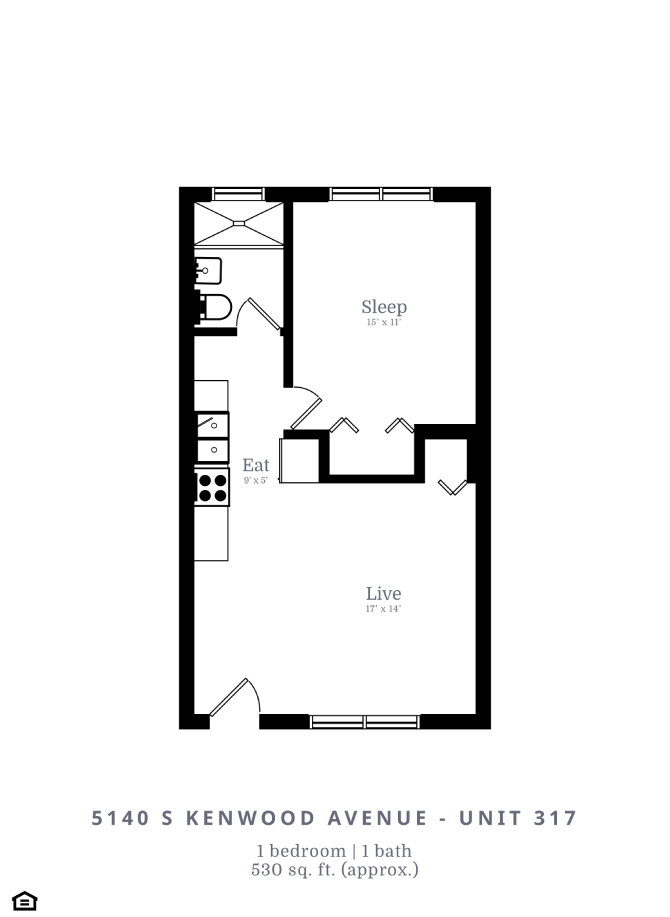Floor plan for 1 bed, 1 bath, 480 sqft